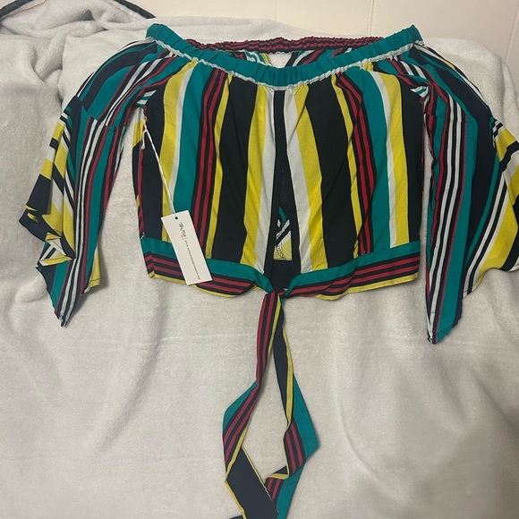 Truth NYC Top, Off Shoulder, Striped Blouse, Long Sleeve, Tie Waist - Size S - Picture 5 of 6